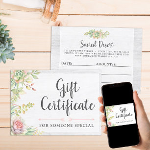 Rustic Watercolor Succulent Gift Certificate Card