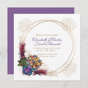 Rustic Watercolor Succulent, lavender Wedding Invitation