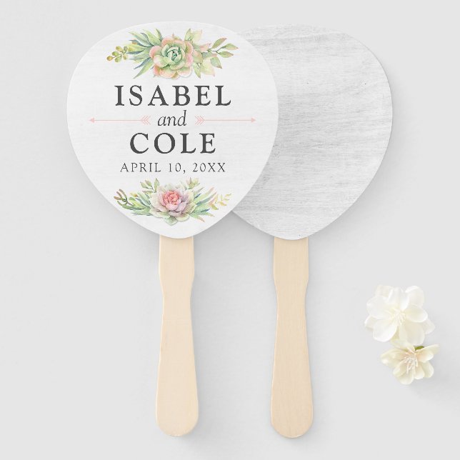 Rustic Watercolor Succulent Names & Wedding Date Hand Fan (Front and Back)
