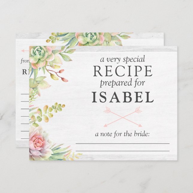 Rustic Watercolor Succulent Recipe Card For Bride (Front/Back)