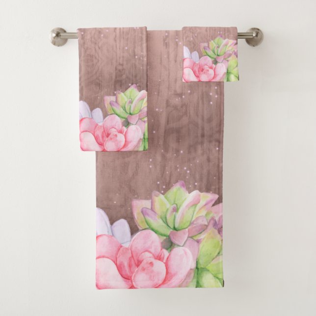 Rustic Watercolor Succulents Bath Towel Set (Insitu)