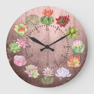 Rustic Watercolor Succulents Large Clock