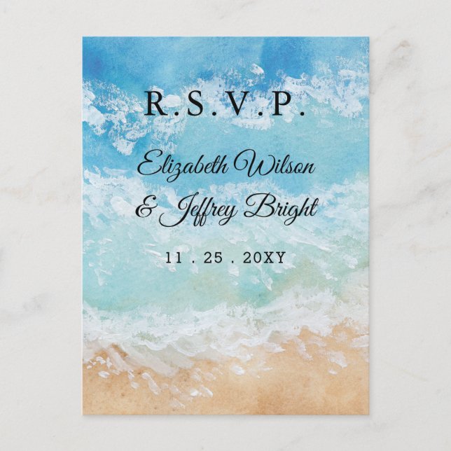 Rustic Watercolor Summer Sea Beach Wedding RSVP Invitation Postcard (Front)