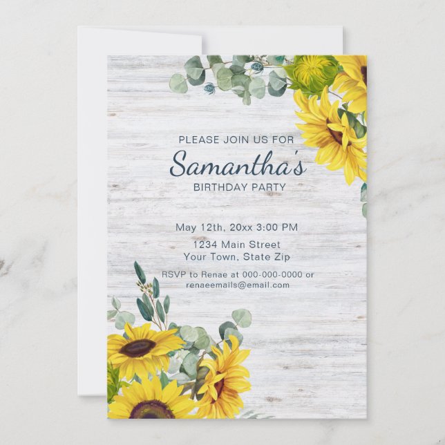 Rustic Watercolor Sunflower Birthday Party  Invitation (Front)