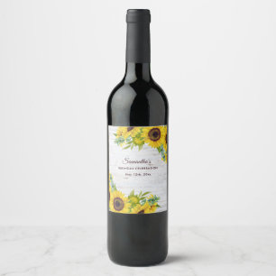 Rustic Watercolor Sunflower Birthday Party  Wine Label