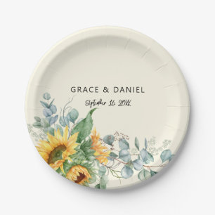 Rustic Watercolor Sunflower Eucalyptus Greenery Paper Plate