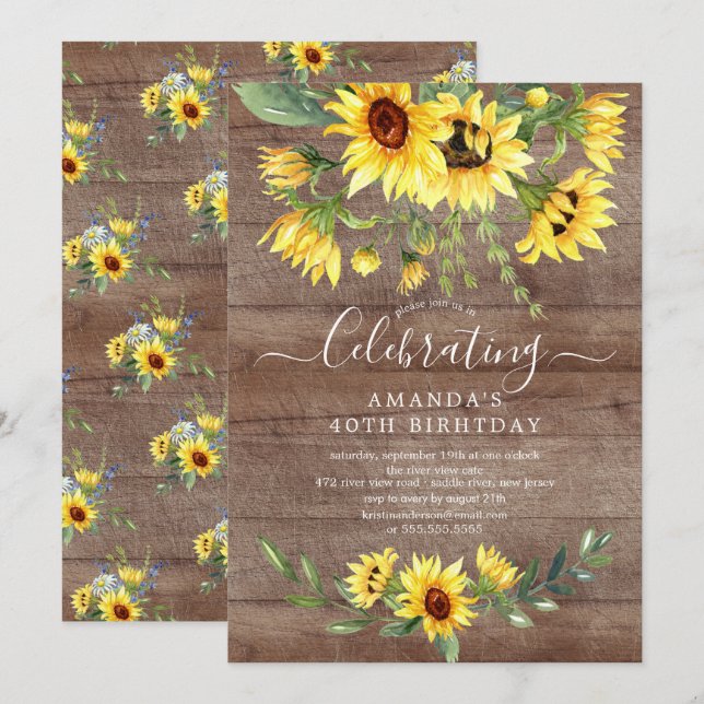 Rustic Watercolor Sunflower Floral Birthday Party Invitation (Front/Back)