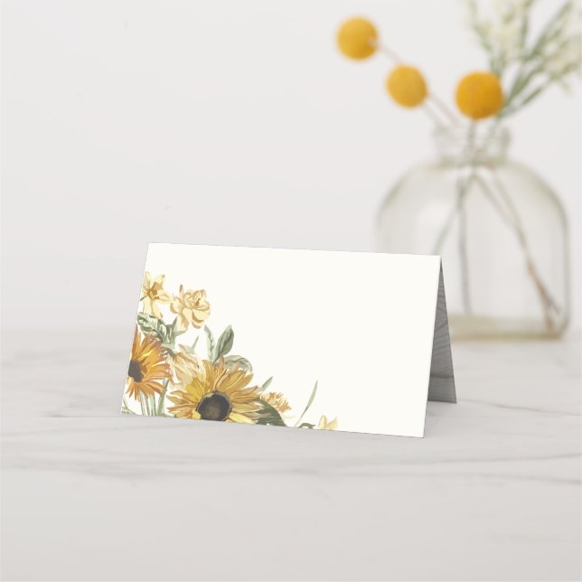 Rustic Watercolor Sunflower Florals Place Card (Front)