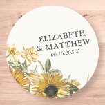 Rustic Watercolor Sunflower Florals Wedding Classic Round Sticker<br><div class="desc">Composed of serif typography. All against a backdrop of white background with watercolor sunflower florals. 

This is designed by White Paper Birch Co.,  exclusive for Zazzle.

Available here:
http://www.zazzle.com/store/whitepaperbirch</div>