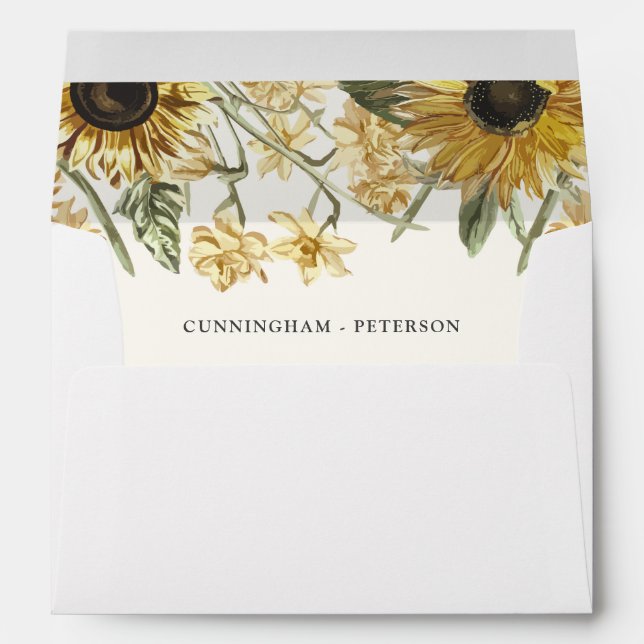 Rustic Watercolor Sunflower Florals Wedding Envelope (Back (Bottom))