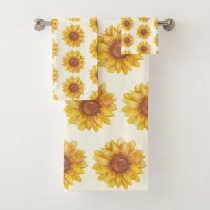 Rustic Watercolor Sunflower Pattern Farmhouse Bath Towel Set