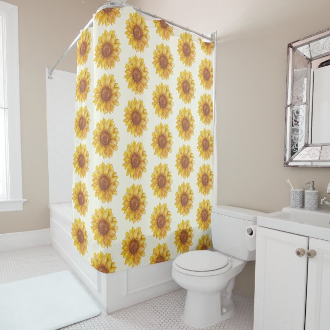 Rustic Watercolor Sunflower Pattern Farmhouse Shower Curtain (In Situ)