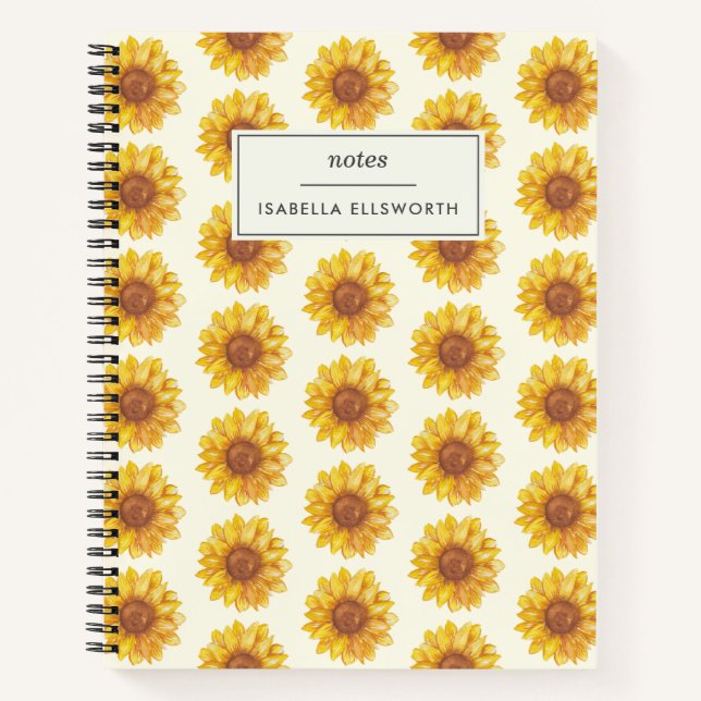 Rustic Watercolor Sunflower Pattern Personalised Notebook (Front)