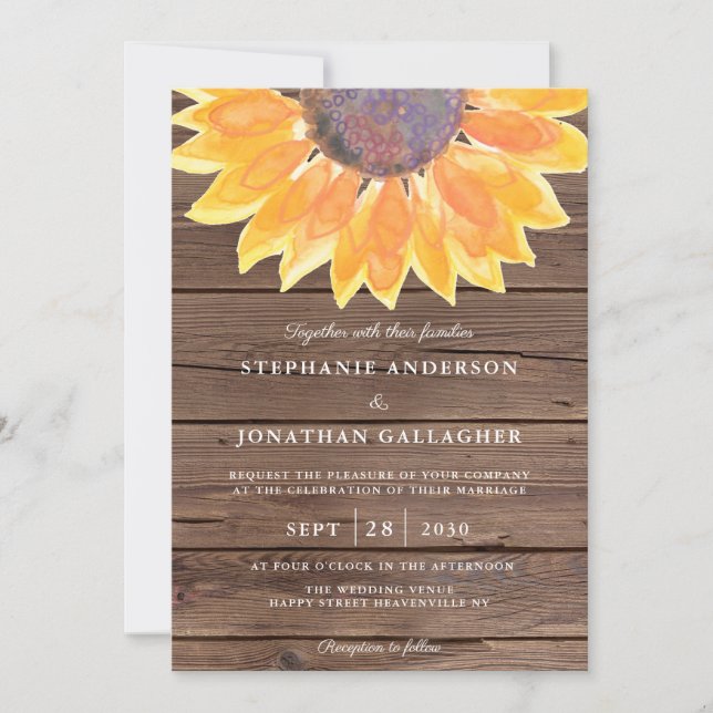Rustic Watercolor Sunflower Wood Wedding  Invitation (Front)
