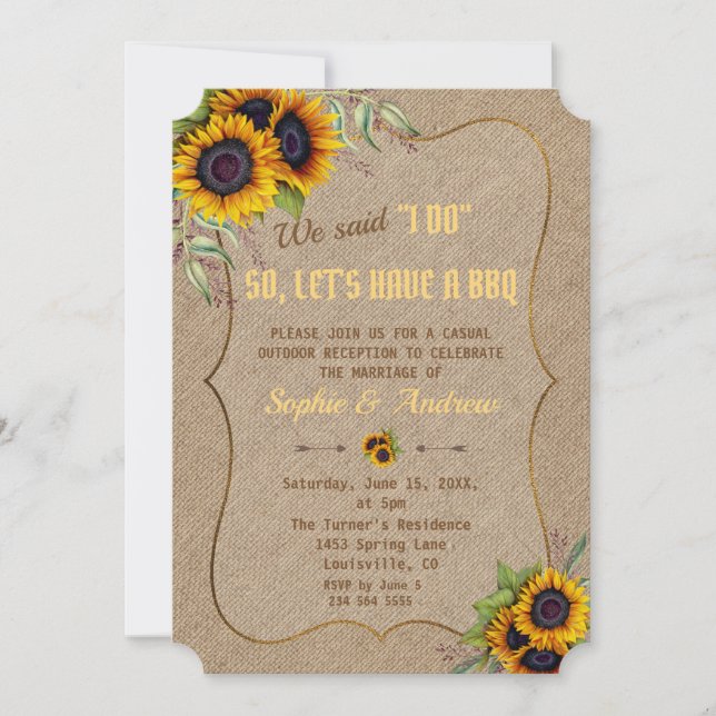 Rustic Watercolor Sunflowers Burlap I DO BBQ Invitation (Front)