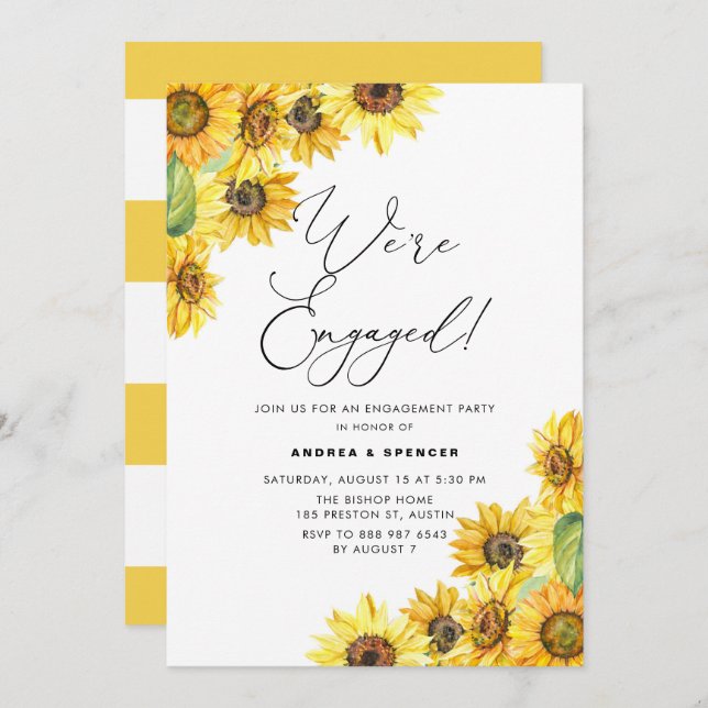 Rustic Watercolor Sunflowers Engagement Party Invitation (Front/Back)