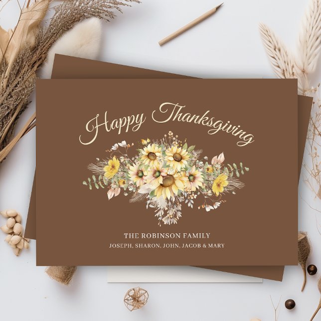 Rustic Watercolor Sunflowers Happy Thanksgiving Holiday Card (rustic happy thanksgiving card with watercolor flowers and personalized family name or business)