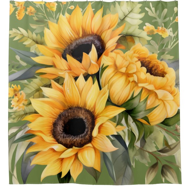 Rustic Watercolor Sunflowers Shower Curtain (Front)