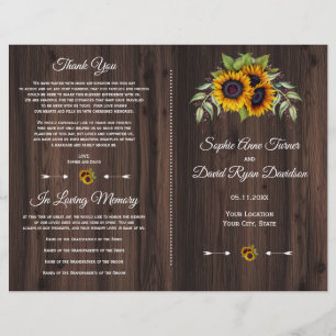 Rustic Watercolor Sunflowers Wood Wedding Program
