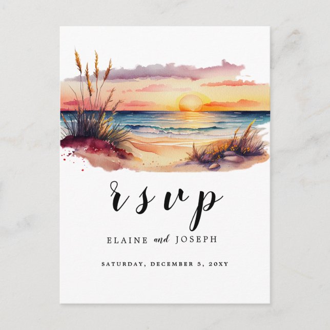 Rustic Watercolor Sunset Beach Sea Wedding Rsvp Invitation Postcard (Front)