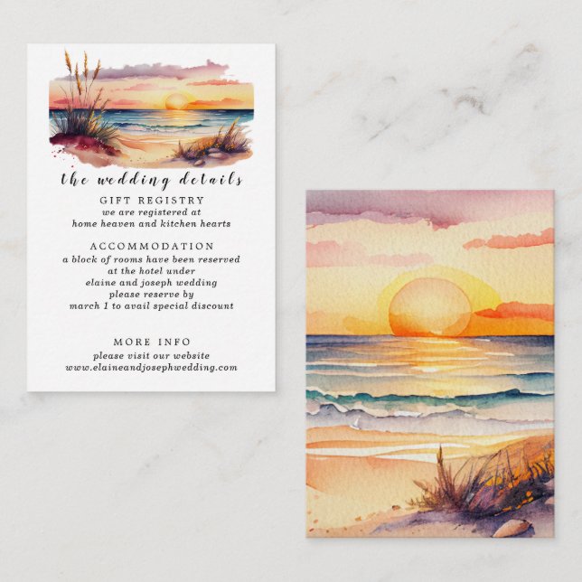 Rustic Watercolor Sunset Beach Seascape Wedding Enclosure Card (Front/Back)