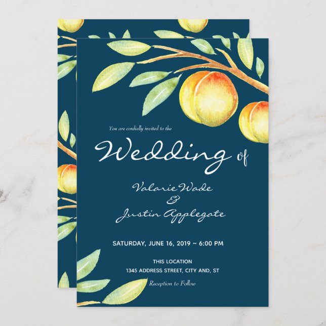 Rustic Watercolor Sweet Peaches Wedding Invitation (Front/Back)