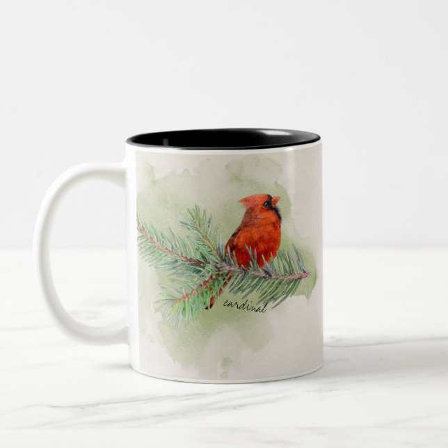 Rustic Watercolor Sweet Red Cardinal Two-Tone Coffee Mug (Left)
