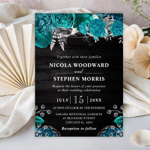 Rustic Watercolor Teal and Silver Flowers Wedding Invitation