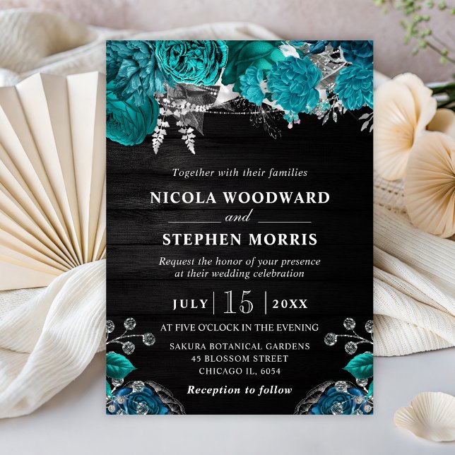 Rustic Watercolor Teal and Silver Flowers Wedding Invitation (Creator Uploaded)