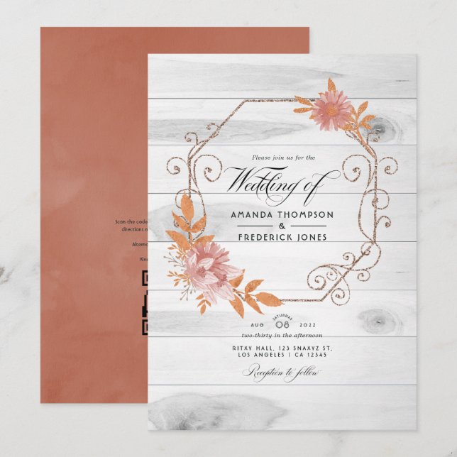 Rustic Watercolor Terracotta QR Code RSVP Wedding Invitation (Front/Back)