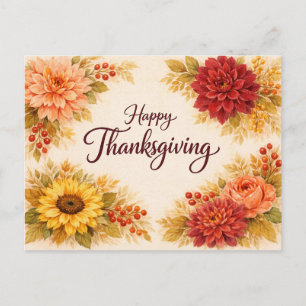 Rustic Watercolor Thanksgiving Floral Greeting Holiday Postcard