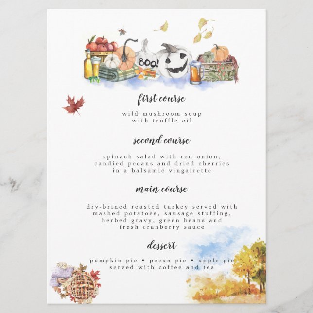 Rustic Watercolor Thanksgiving Menu Card (Front)