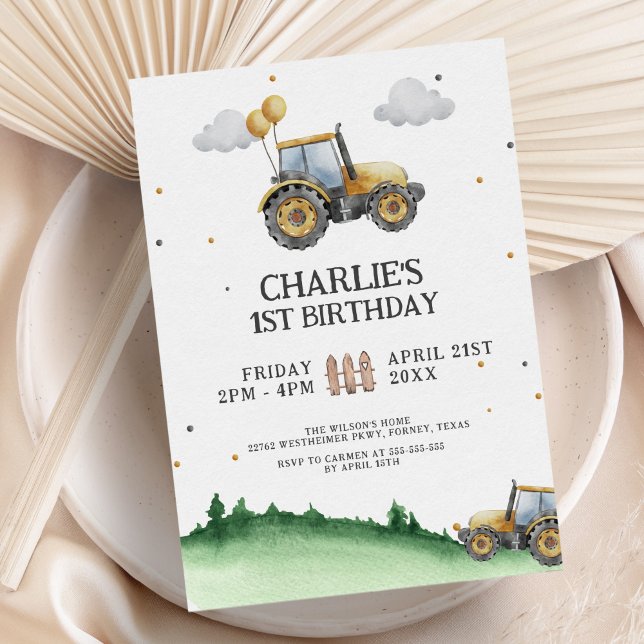 Rustic Watercolor Tractor Birthday Party Invitation (Creator Uploaded)