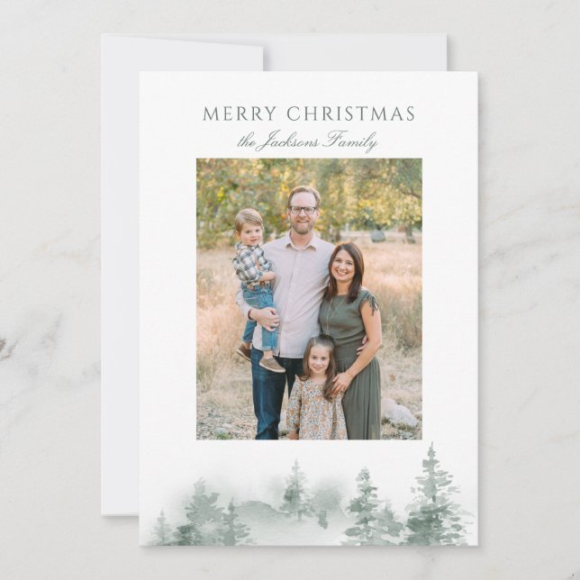 Rustic Watercolor Trees Elegant Green Holiday Card (Front)