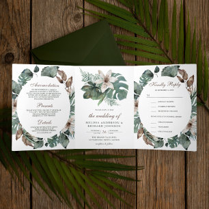 Rustic Watercolor Tropical Leaves Floral Wedding Tri-Fold Invitation