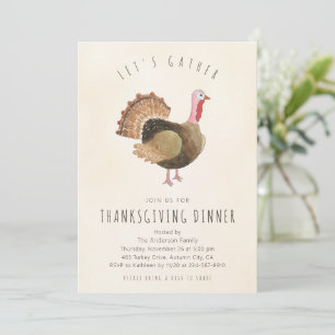 Rustic Watercolor Turkey Thanksgiving Dinner Invitation