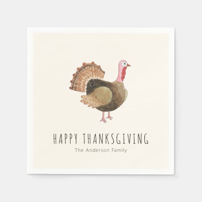 Rustic Watercolor Turkey Thanksgiving Napkin (Front)