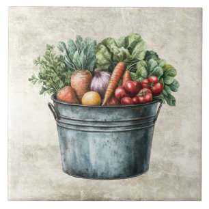 Rustic Watercolor Vegetables in Pail  Tile