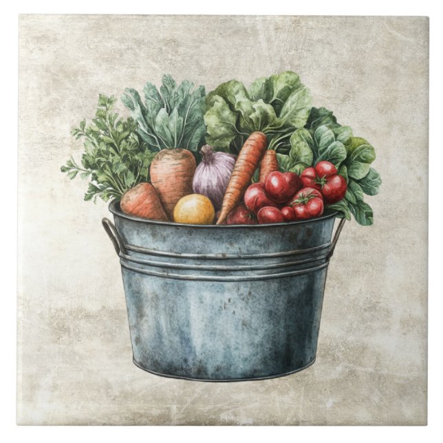 Rustic Watercolor Vegetables in Pail  Tile (Front)