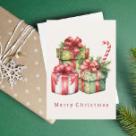 Rustic Watercolor Vintage Christmas Presents Card<br><div class="desc">Rustic Watercolor Vintage Christmas Presents Note Card A simple, modern and stylish Christmas holiday design. Pretty Christmas presents and holiday greenery comprise this stunning watercolor design. The back side of this note card is a neutral ivory white with bold holiday red typography. The message on this card is customisable. Personalise...</div>