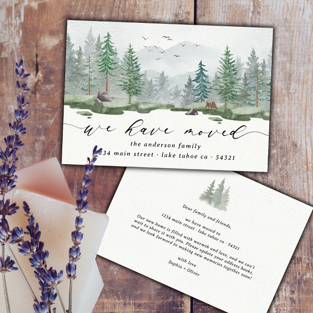 Rustic Watercolor We Have Moved Script Pine Trees Announcement (Creator Uploaded)