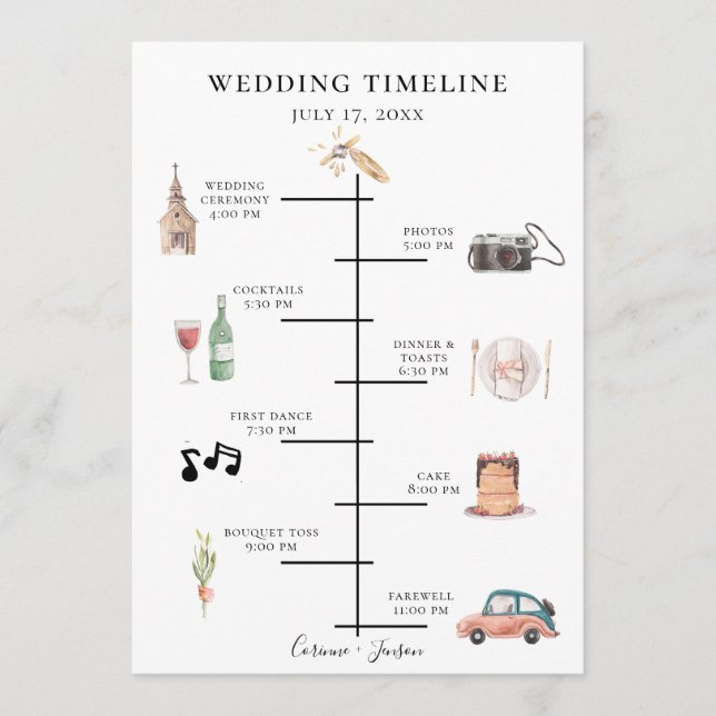 Rustic Watercolor Wedding Timeline Programme (Front)