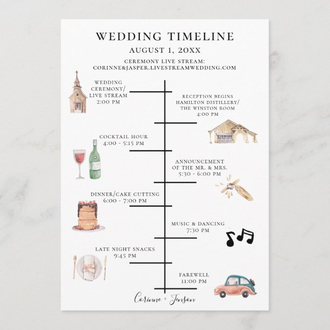 Rustic Watercolor Wedding Timeline Programme (Front)