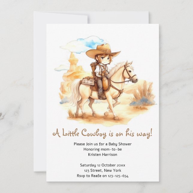 Rustic Watercolor Western Cowboy Baby Shower Invitation (Front)
