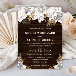 Rustic Watercolor White and Gold Flowers Wedding Invitation