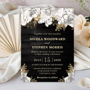 Rustic Watercolor White and Gold Flowers Wedding Invitation