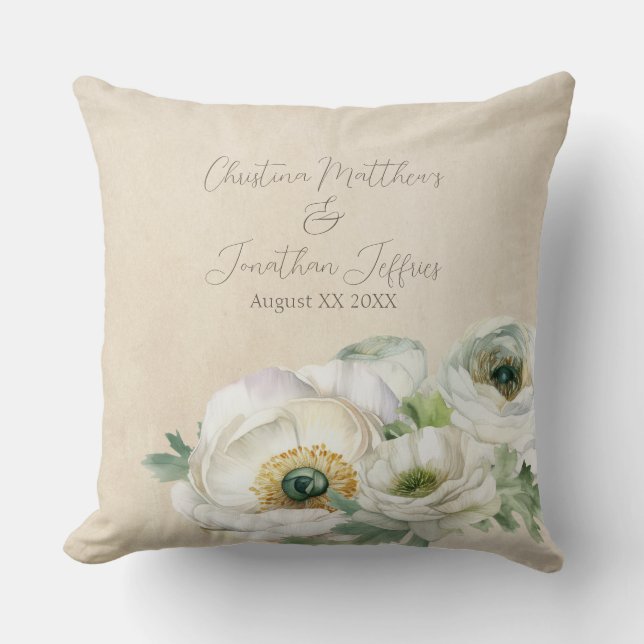 Rustic Watercolor White Ranunculus Cushion (Front)