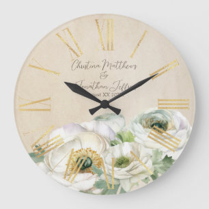 Rustic Watercolor White Ranunculus Large Clock
