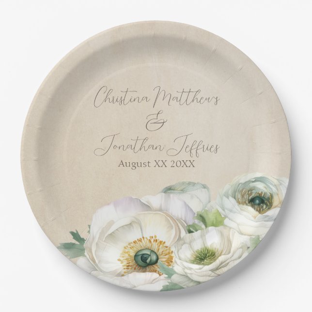 Rustic Watercolor White Ranunculus Paper Plate (Front)