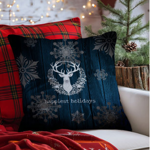 Rustic Watercolor White Reindeer   Blue Cushion